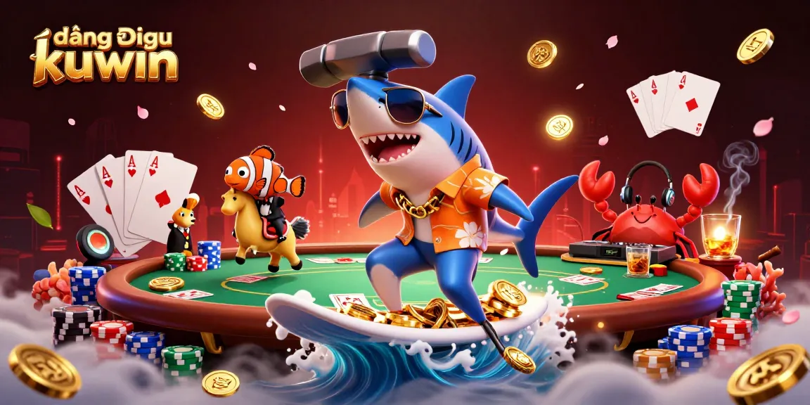 Join the excitement on đăng nhập kuwin as a shark surfs gold coins amidst vibrant casino elements