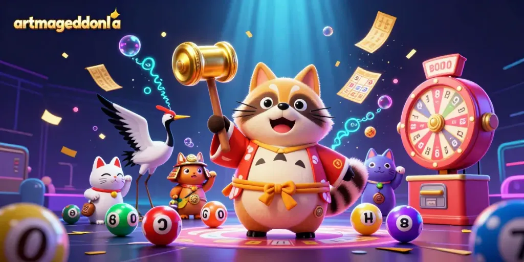 Join the festive fun at artmageddonla with a lucky tanuki and vibrant casino elements!