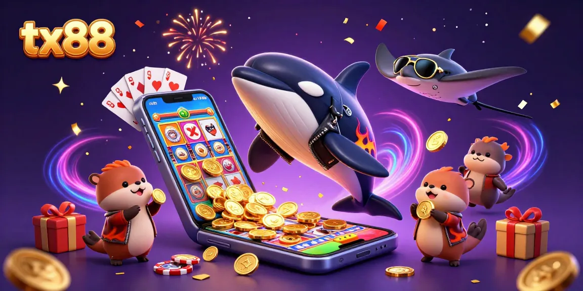 Experience excitement with tx88, featuring a vibrant 3D scene of a biker whale, stingray, and golden otters.