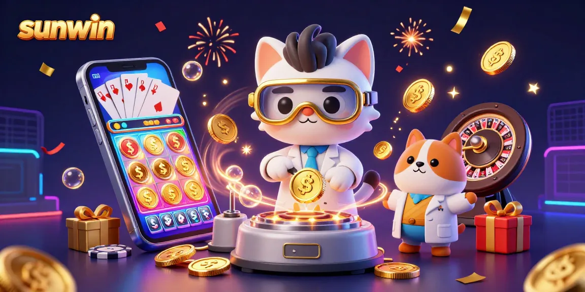 Sunwin immersive slot game experience with a scientist cat and assistant in action.