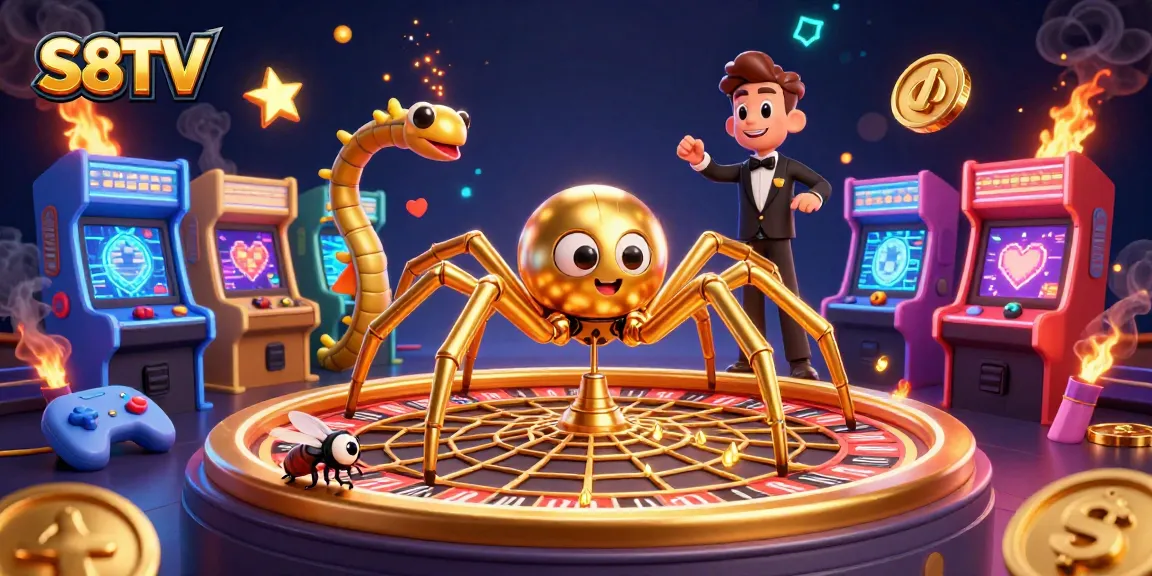 S8TV's vibrant 3D illustration depicting a golden spider and a centipede croupier in a dynamic gambling setting.