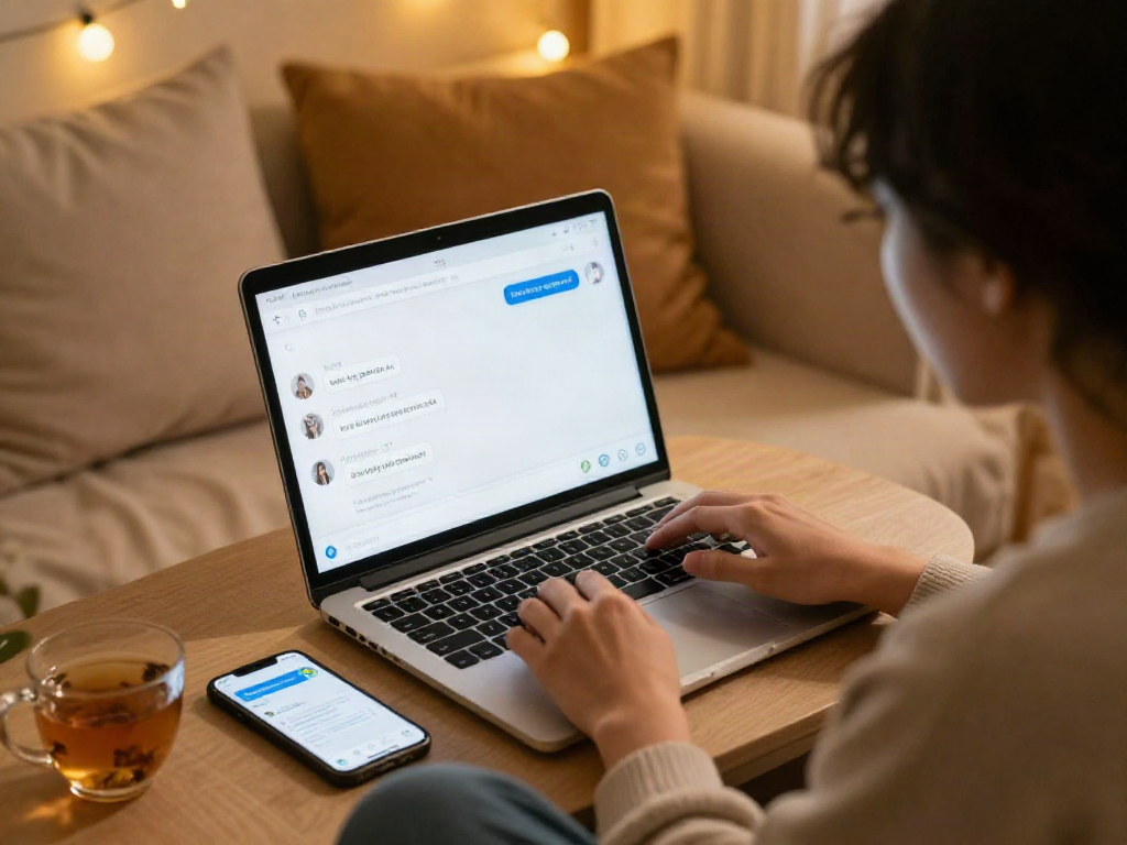 Engaging in ai sex chat on a cozy laptop setup with ambient lighting.