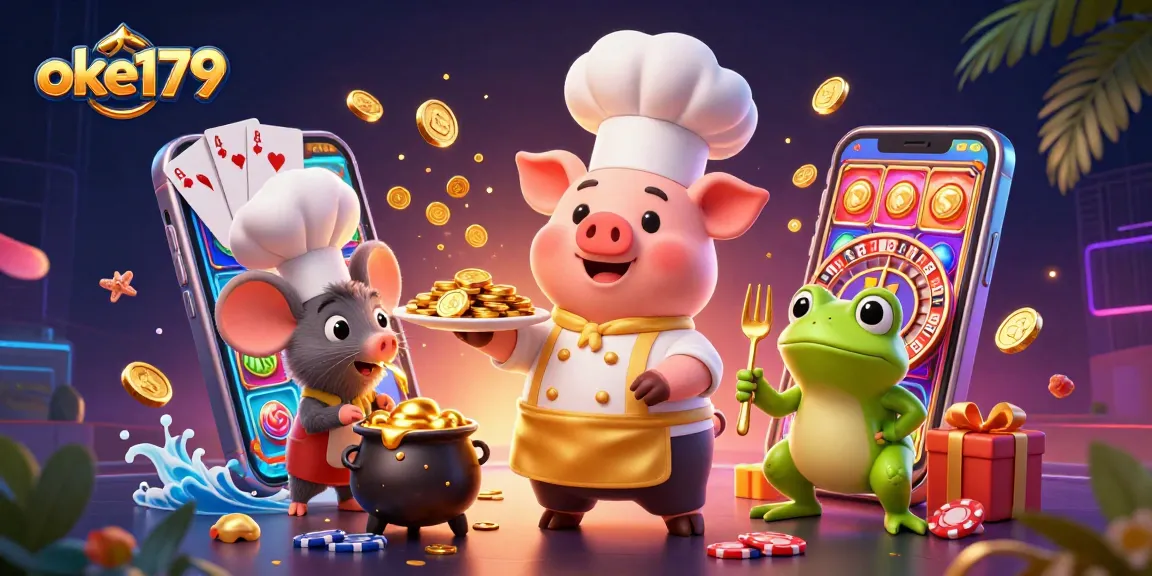 Engage with oke179's vibrant casino atmosphere featuring gold coins and lively characters.