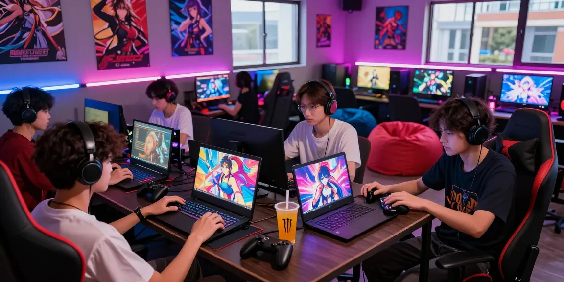 Engaging gaming lounge scene showcasing players enjoying ecchi games in a vibrant and colorful environment.