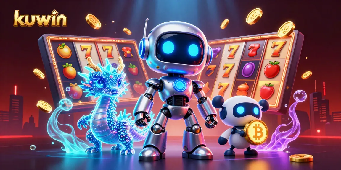 Kuwin casino illustration showcasing vibrant slot reels and a futuristic robot mascot.