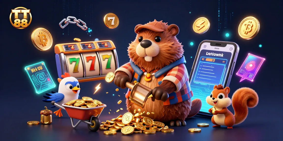 Engage in fun at TT 88 with a vibrant 3D casino scene featuring animated characters and gold coins.