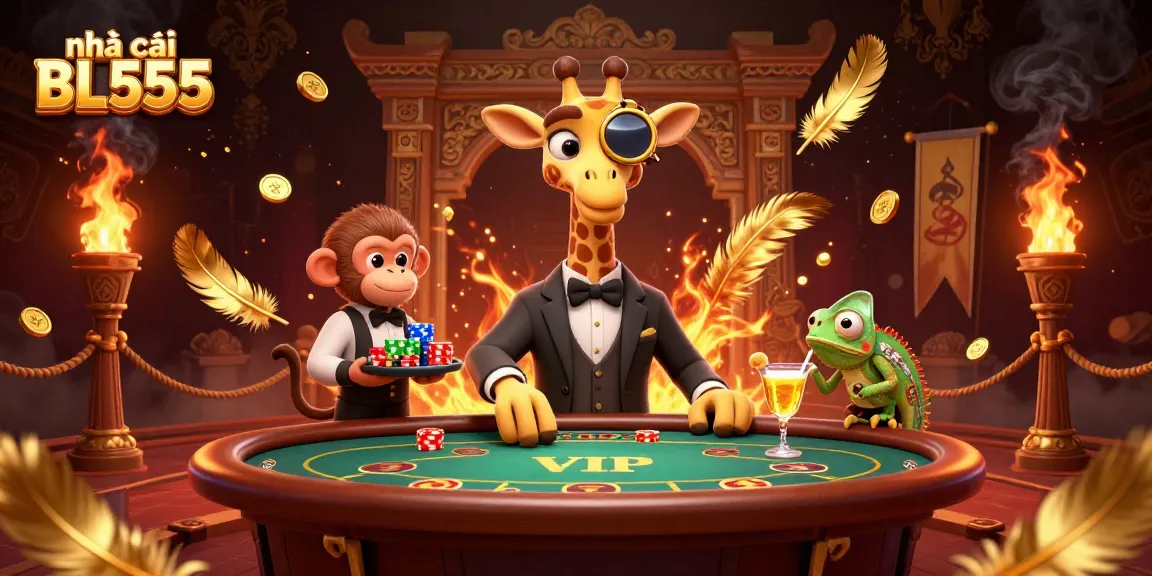 Engage with the vibrant action at nhà cái BL555, featuring unique characters like a giraffe and monkey amidst a dynamic casino scene.