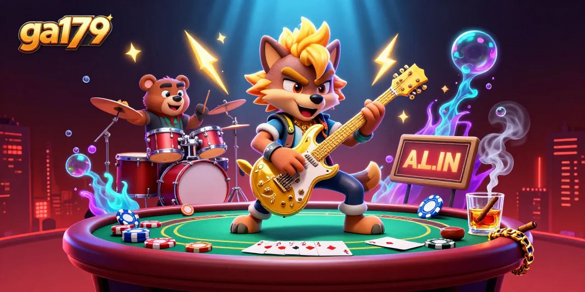 Experience vibrant gaming excitement with ga179 showcasing a dynamic 3D scene of a rock star wolf and drummer bear in a casino.